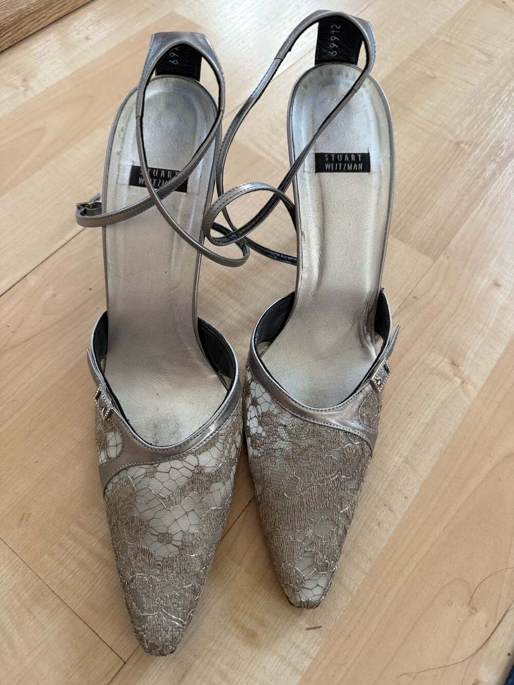 Stuart Weitzman Silver Metallic Lace Pointed Toe Ankle Strap Heels Size 9